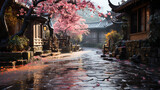 Old Chinese Style House Beside The Path Peach Blossom Couplet Tree Red Petals Flying and Petal-Covered Path