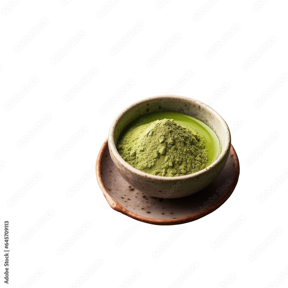 Traditional style isolated on a transparent background natural organic matcha powder with green tea leaves and wire whisk Traditional style isolated on a transparent background natural organic matcha powder with green tea leaves and wire whisk
