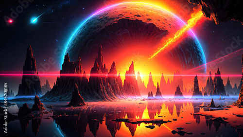 Alien planet landscape with glowing sun and mountains with fantastic rocks fo...