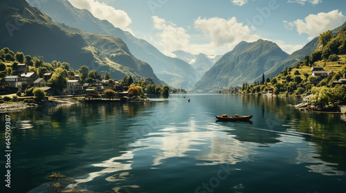 Landscapes of Fjord-like Medieval Towns Ships and Mountains Reflected in Calm Waters