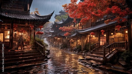 Chinese Traditional Village Busy Street During Heavy Rain