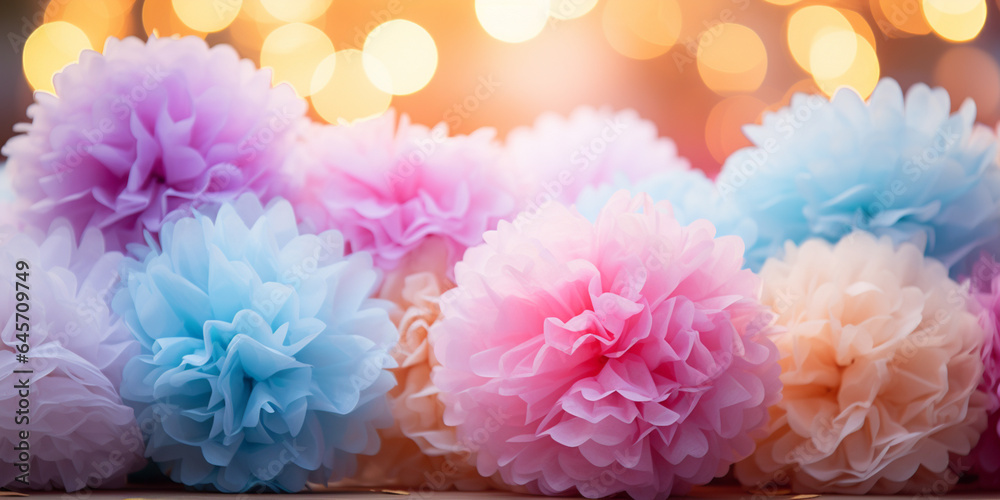 Fototapeta premium Pom-Pom Party Decorations: Vivid Multicolored Tissue Paper Pompoms for Wedding Celebration, Picnic and Dessert Table, Mock up, Back drop Background.
