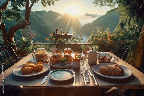 Free amazing delicious hearty breakfast in a paradise landscape Generative AI
