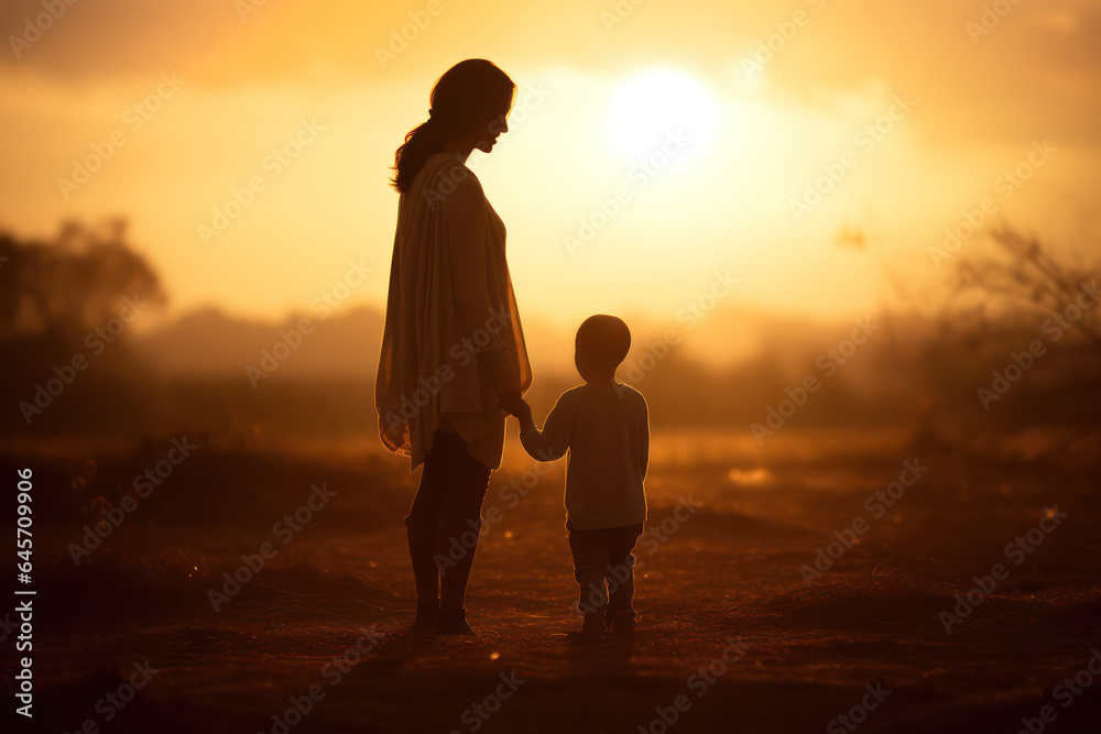 Serene Mother and Toddler Embrace in Sunset Silhouette, Evoking Warmth and Family Bonding in Tranquil Evening Setting