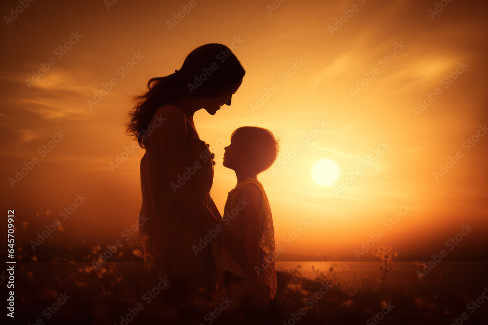 Serene Mother and Toddler Embrace in Sunset Silhouette, Evoking Warmth and Family Bonding in Tranquil Evening Setting