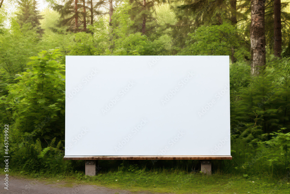 Fototapeta premium Seasonal Outdoor Marketing: Blank White Billboard Against Lush Green Leaves, Communicating Messages Amidst Nature's Vibrant Beauty