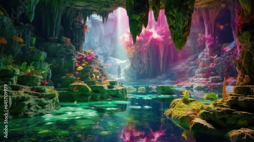 Low Angle View of A Beautiful Waterfall and Natural River Floating Through Cave