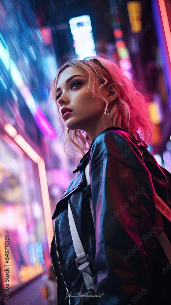 Portrait of a young woman in a futuristic cyberpunk city, looking up