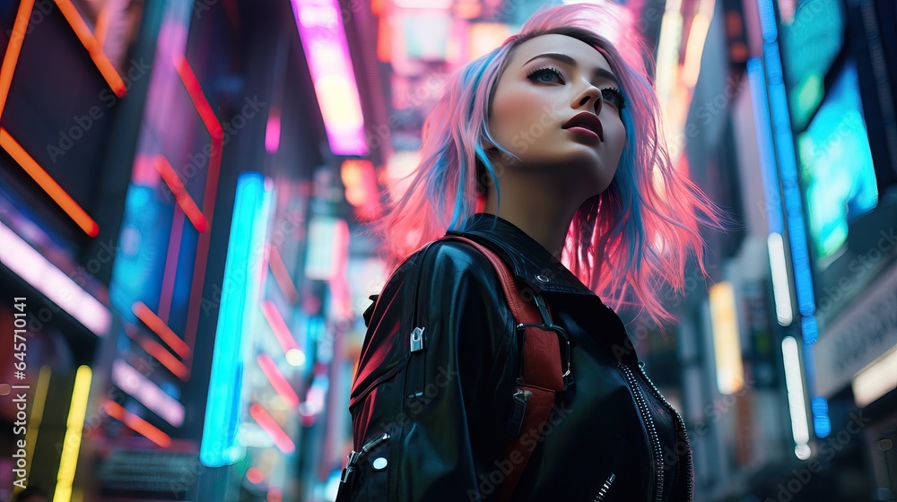 Portrait of a young woman in a futuristic cyberpunk city, looking up Portrait of a young woman in a futuristic cyberpunk city, looking up