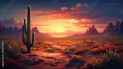 A desert scene with a lone cactus under a radiant sunset. AI generative