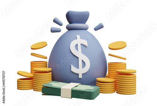 Money bag 3d pile of money and pile of coins, illustration of savings, investment and payments