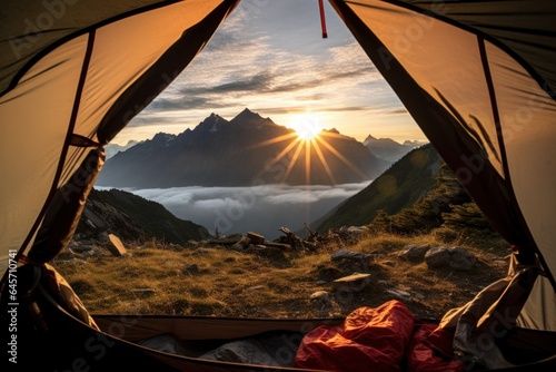View from a tent during sunrise, mountains, hiking