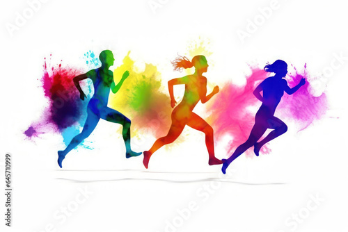Multi-color silhouette illustration of three people running.