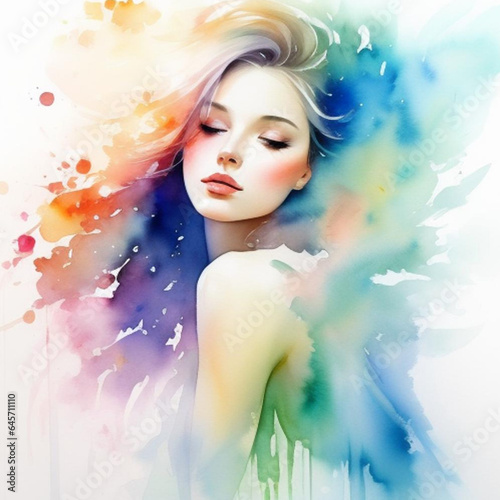 Colourful watercolour art style portrait of a beautiful young woman.  Generative AI © Barry Barnes