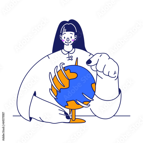 Girl looking for a country on globe