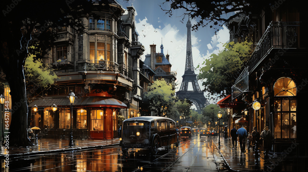 Artwark Oil Painting of Urban City Busy Street in Rainy Day