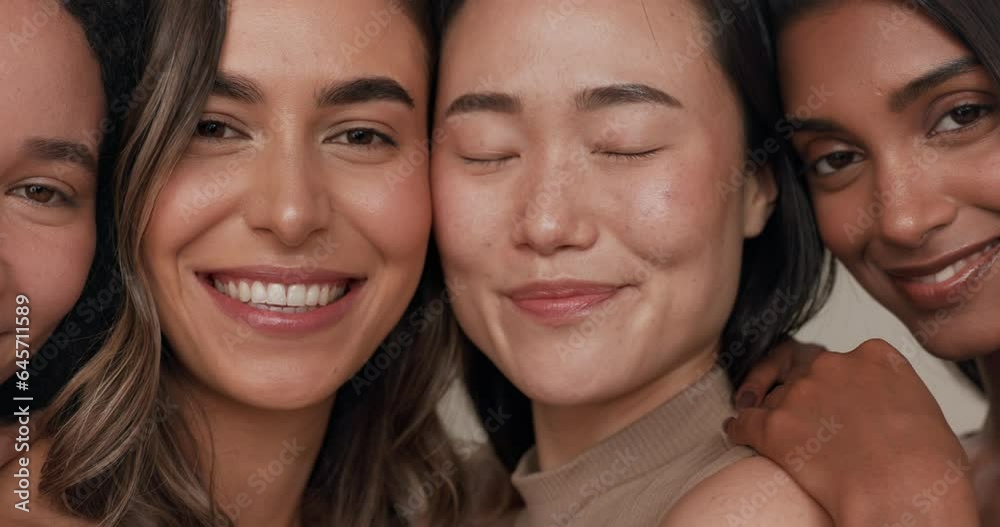 Skincare group, face or women smile for anti aging cosmetics, beauty glow and spa wellness support. Equality, cosmetology closeup or diversity portrait of unique friends together on studio background