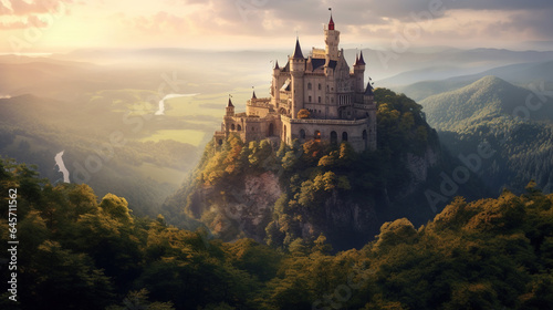 A Beautiful Castle Sitting On Top of a Cliff with Cloudy Sky Aerial View © Image Lounge