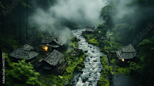 Beautiful Chinese River Side Traditional Village in Mountain Foggy Sky Aerial View