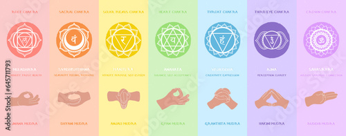The seven human chakras with their corresponding mudras. Colorful vector illustration with mandalas, hand gestures and sanskrit names. Each element can be used separately.
