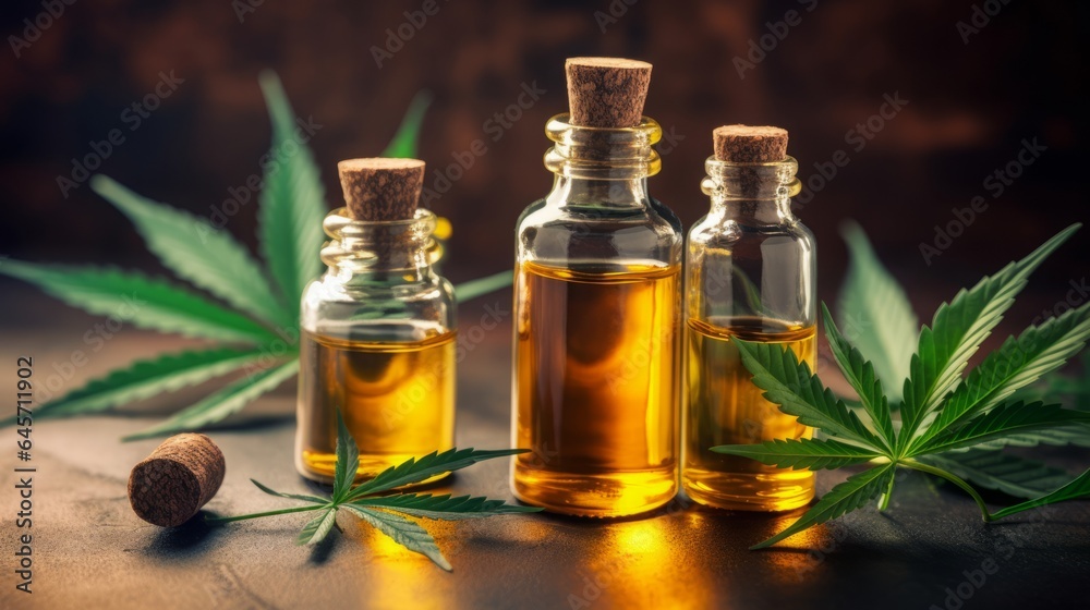 Various glass bottles with CBD oil, THC tincture and hemp leaves, concept: alternative medicine, 16:9, copy space Various glass bottles with CBD oil, THC tincture and hemp leaves, concept: alternative medicine, 16:9, copy space