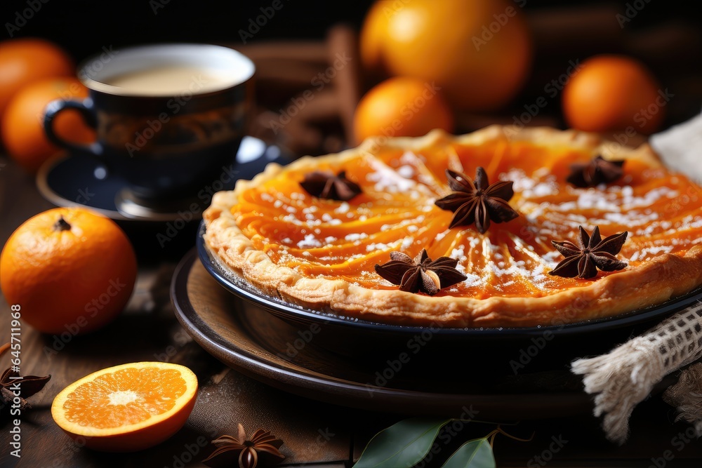A homemade pumpkin pie with orange caramel sauce A homemade pumpkin pie with orange caramel sauce