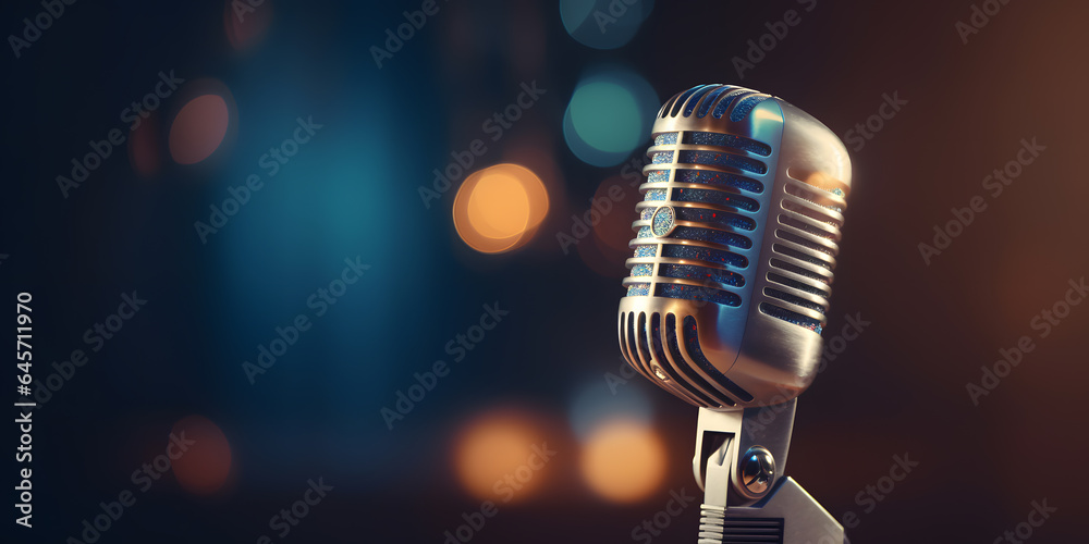 Stylish old retro microphone on colored background with bokeh. Concept bannner karaoke and stund up comedy - obrazy, fototapety, plakaty 