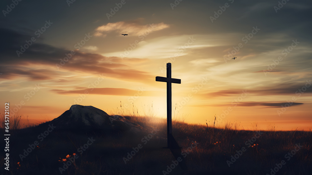 Christian wooden cross of Jesus Christ on beautiful sunset background with bright lighting. Concept banner easter resurrection. Generation AI Christian wooden cross of Jesus Christ on beautiful sunset background with bright lighting. Concept banner easter resurrection. Generation AI