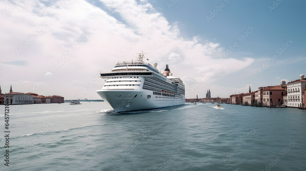 Cruise ship with tourists in Venice Italy, sunny day