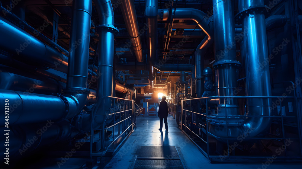 Worker industry engineer background Industrial pipeline, oil and gas factory, blue color banner with sun ligh. Generation AI. Worker industry engineer background Industrial pipeline, oil and gas factory, blue color banner with sun ligh. Generation AI.