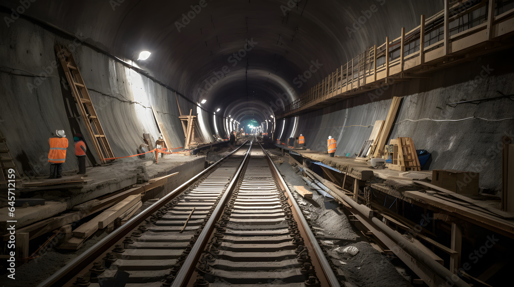 Process constructing subway, drilling tunnel, laying cables and rails. Industrial work to expand passenger transport flow