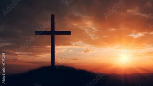 Christian wooden cross of Jesus Christ on beautiful sunset background with bright lighting. Concept banner easter resurrection. Generation AI © Adin