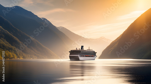 Cruise ship in Norwegian fjords sunset light photo