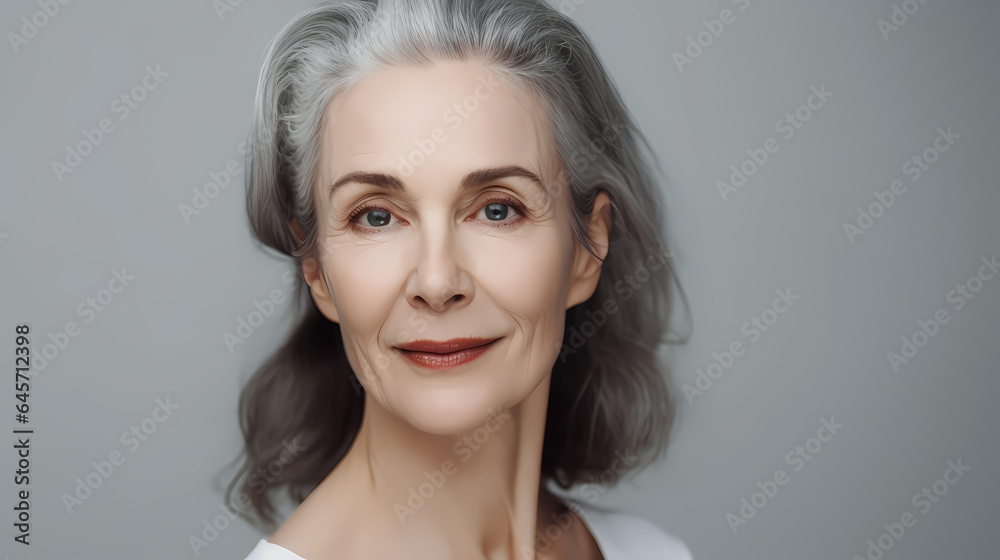 Portrait happy senior woman looking at camera. Lady Antiage skincare, grey studio background Portrait happy senior woman looking at camera. Lady Antiage skincare, grey studio background