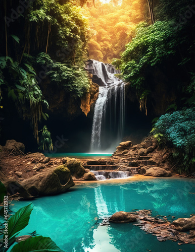 Low Angle View of A Beautiful Waterfall and Natural River Floating Through Rainforest