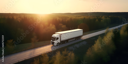 White truck driving on highway winding through forested landscape, sunset light