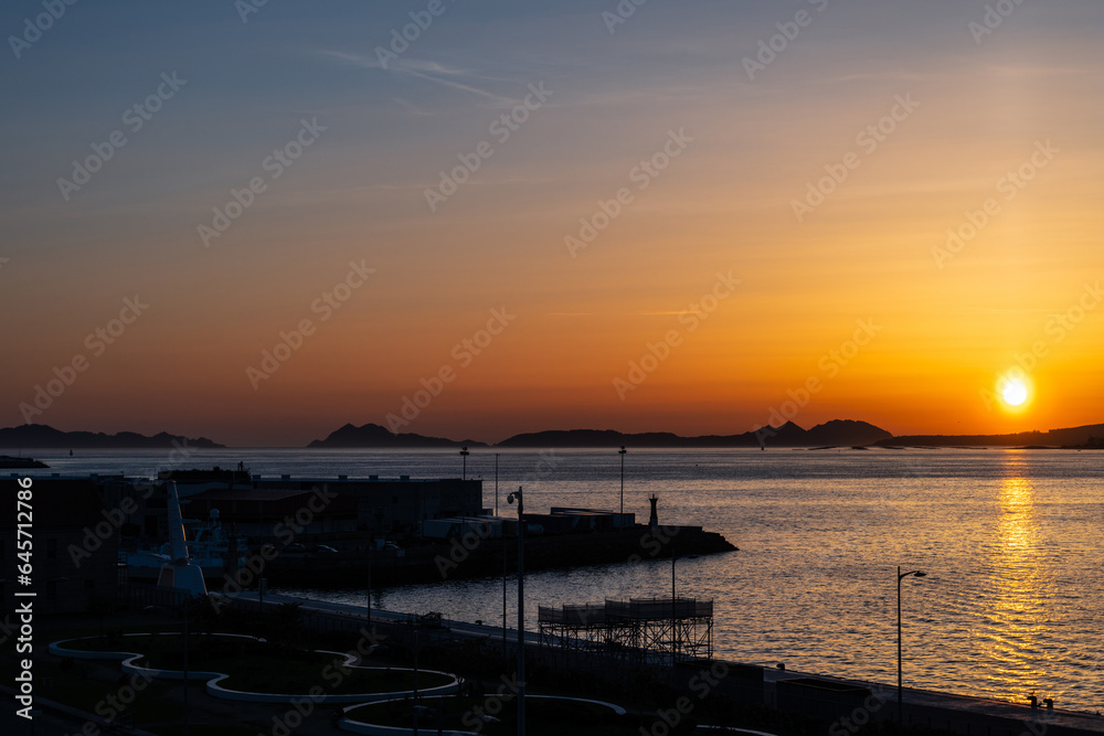 Ria de Vigo in Galicia at dusk, with the Cies Islands in the background.