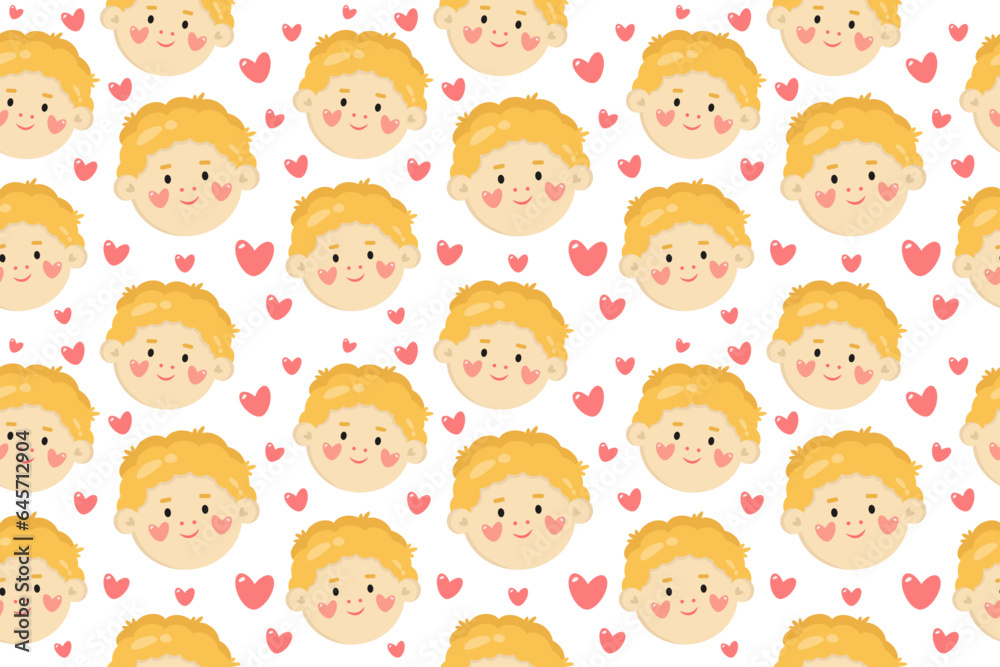 Seamless pattern with cartoon kids faces and hearts