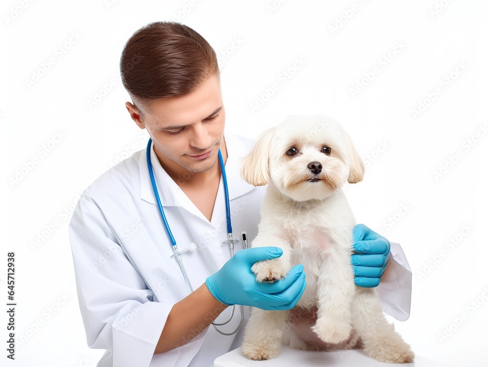 Veterinarian holding a small puppy On a white background. Veterinarian holding a small puppy On a white background.