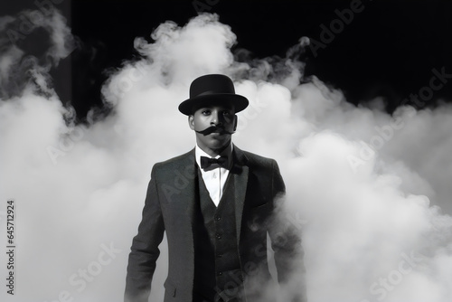poc man wearing vintage suit  bowler hat and bowtie walking throgh smoke on black background  in black and white noir 