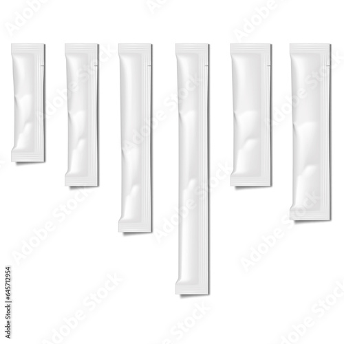 Sugar stick sachet packet with tear notches vector mock-up set. White blank individual package for powder, granule or liquid products. Various sizes mockup kit. Template for design