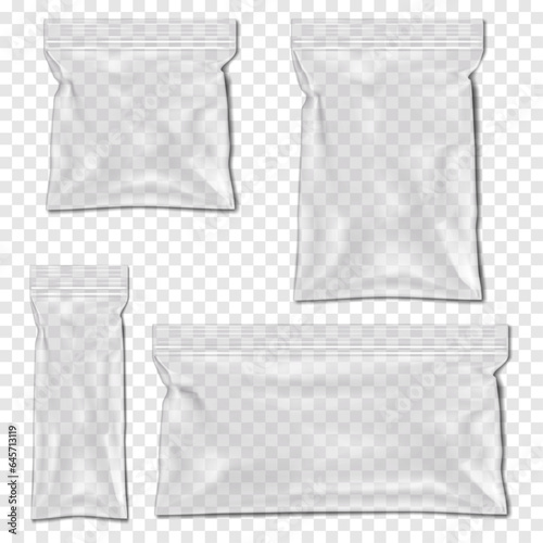 Clear zip lock plastic bag vector mock-up set. Transparent zipper vinyl envelope package. Ziplock seal PVC pouch. Various sizes mockup kit