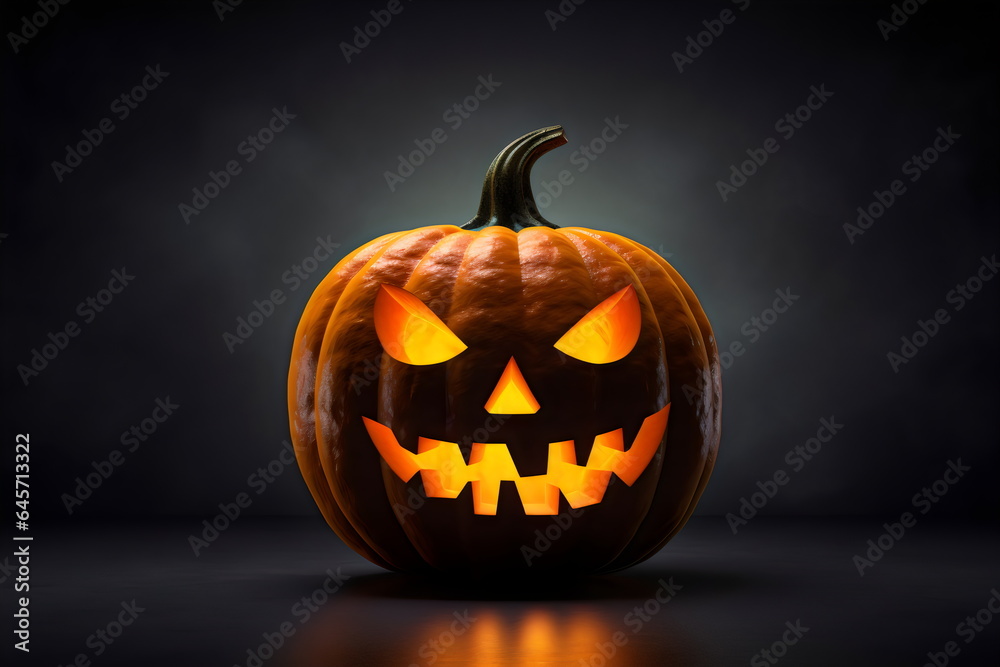 carved glowing halloween pumpkin lantern with smiling face isolated on dark gray background carved glowing halloween pumpkin lantern with smiling face isolated on dark gray background