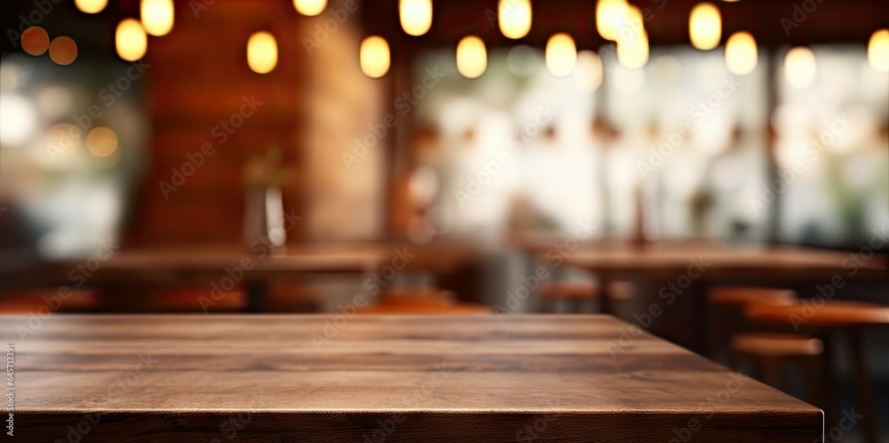 Urban elegance. Empty wooden table in modern cafe. Nighttime vibes. Abstract bar counter blurred background. Retro chic. Vintage coffee shop interior Urban elegance. Empty wooden table in modern cafe. Nighttime vibes. Abstract bar counter blurred background. Retro chic. Vintage coffee shop interior