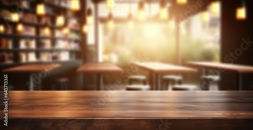 Urban elegance. Empty wooden table in modern cafe. Nighttime vibes. Abstract bar counter blurred background. Retro chic. Vintage coffee shop interior