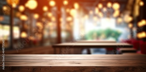 Urban elegance. Empty wooden table in modern cafe. Nighttime vibes. Abstract bar counter blurred background. Retro chic. Vintage coffee shop interior © Thares2020