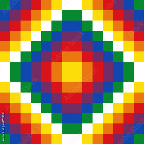 Official variant of the Wiphala, union of four Wiphalas whose white diagonals form an Andean cross or Chakana in the center. The Wiphala of Qullasuyu is an official variant flag of Bolivia since 2009.