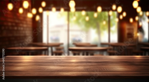 Urban elegance. Empty wooden table in modern cafe. Nighttime vibes. Abstract bar counter blurred background. Retro chic. Vintage coffee shop interior © Thares2020