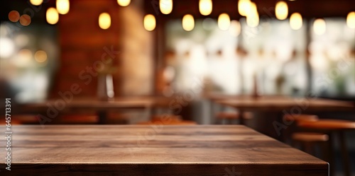 Urban elegance. Empty wooden table in modern cafe. Nighttime vibes. Abstract bar counter blurred background. Retro chic. Vintage coffee shop interior