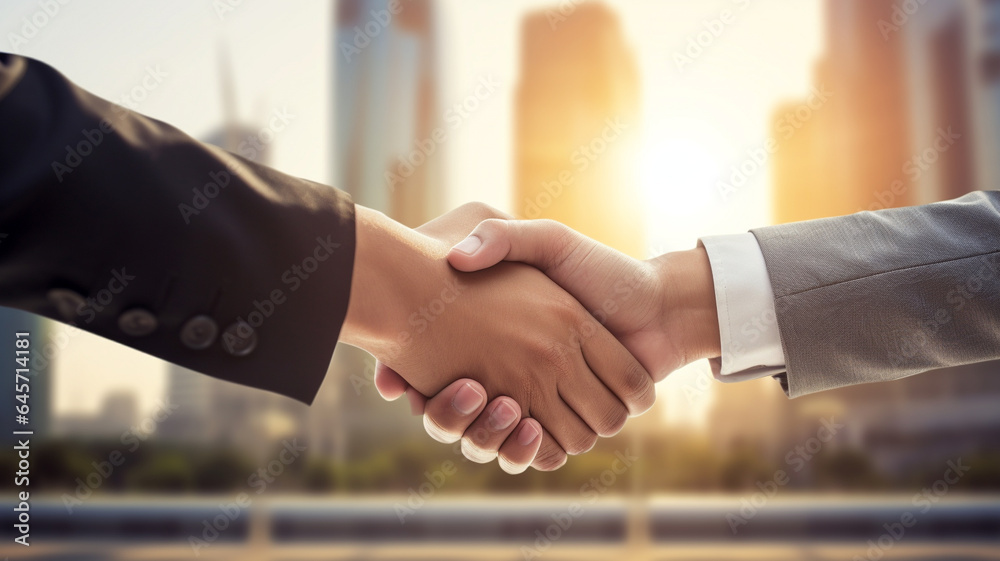Businessman handshake on blur background with sun light. Business Concept. Generative AI Businessman handshake on blur background with sun light. Business Concept. Generative AI